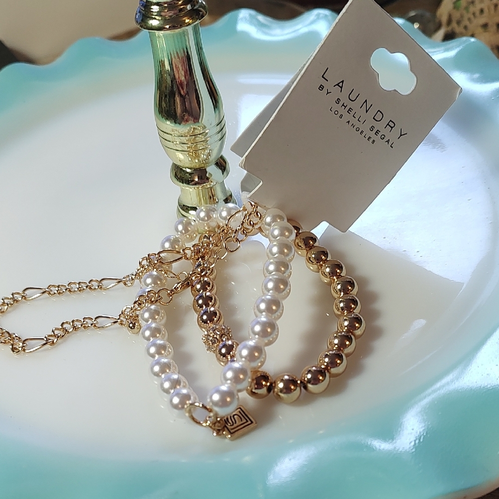 Gold and White Pearl Bracelet Trio